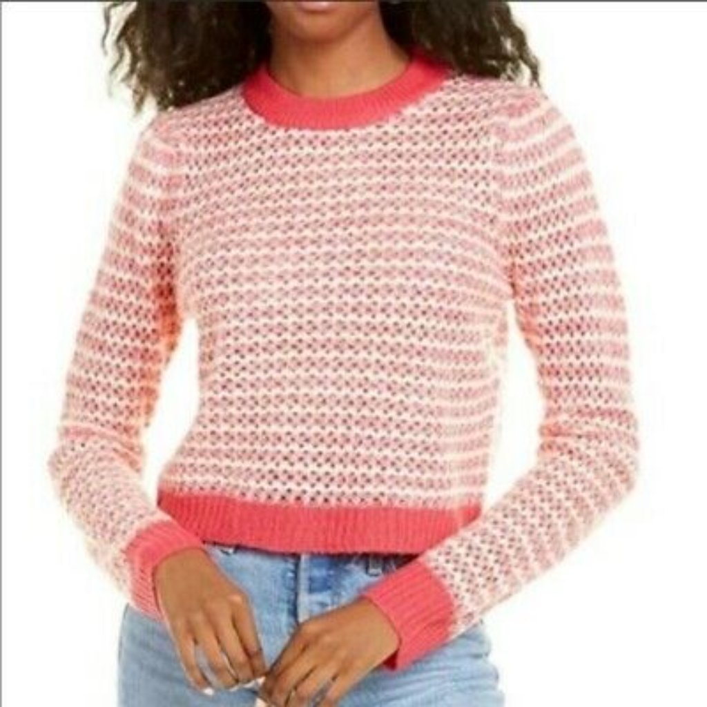 Wayf Women's Open Knit Crewneck Sweater Size X-Small New Pink And White
